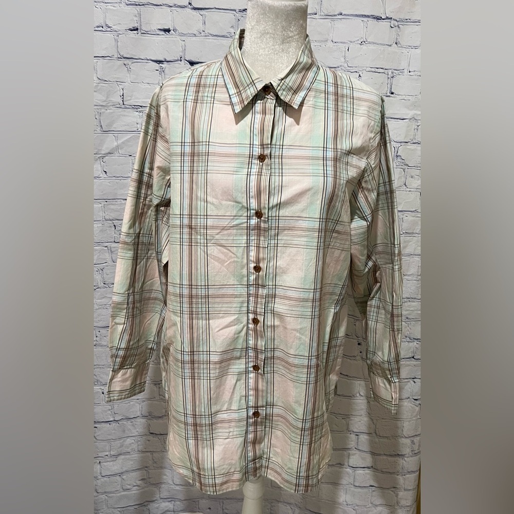 Pendleton women's no iron blouse pink plaid button up size 16 With pockets